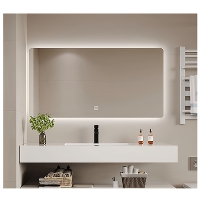 Organizador de balcão de banheiro com bacia de cerâmica branca e material SLABS/SINTERSTONE